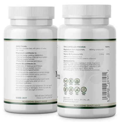 Back label of Lily & Loaf Triple Magnesium capsules showing directions, ingredients, dosage, vegan and allergen-free icons.