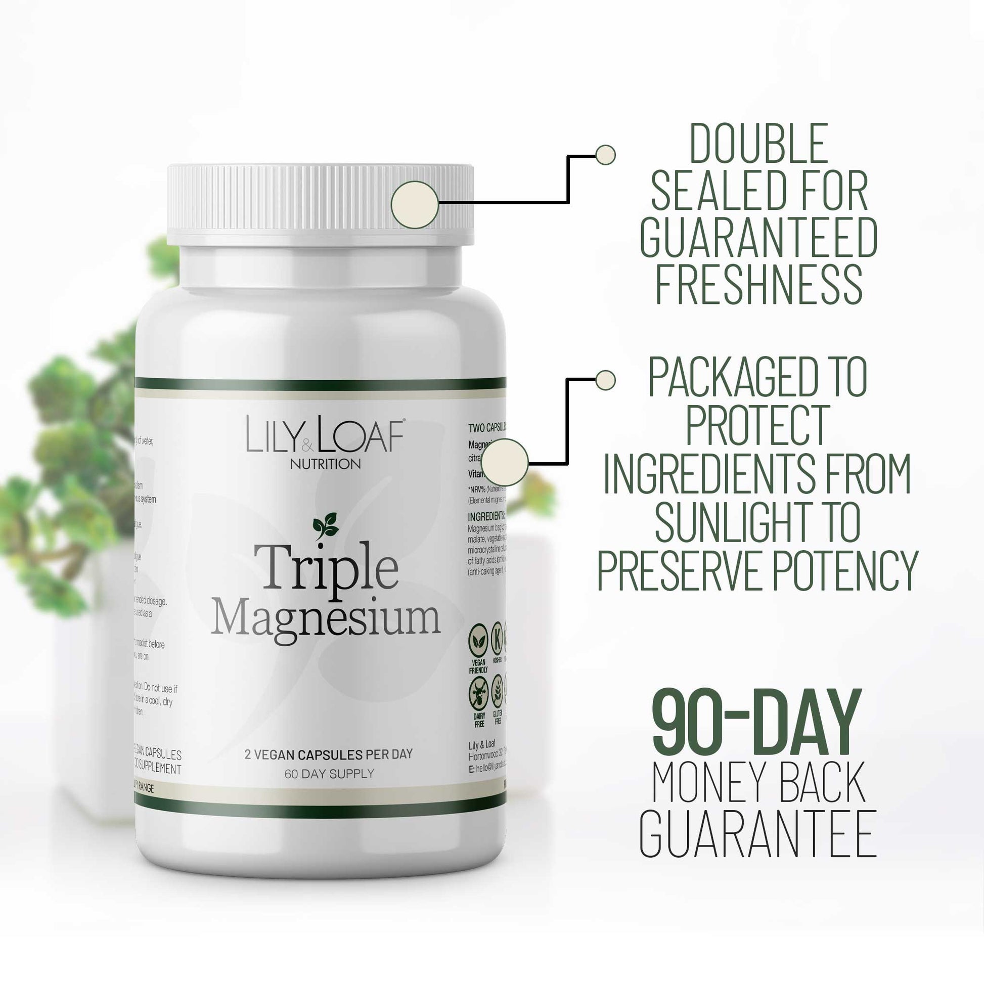 Lily & Loaf Triple Magnesium supplement bottle highlighting double-sealed packaging, light protection for potency, and 90-day money-back guarantee.