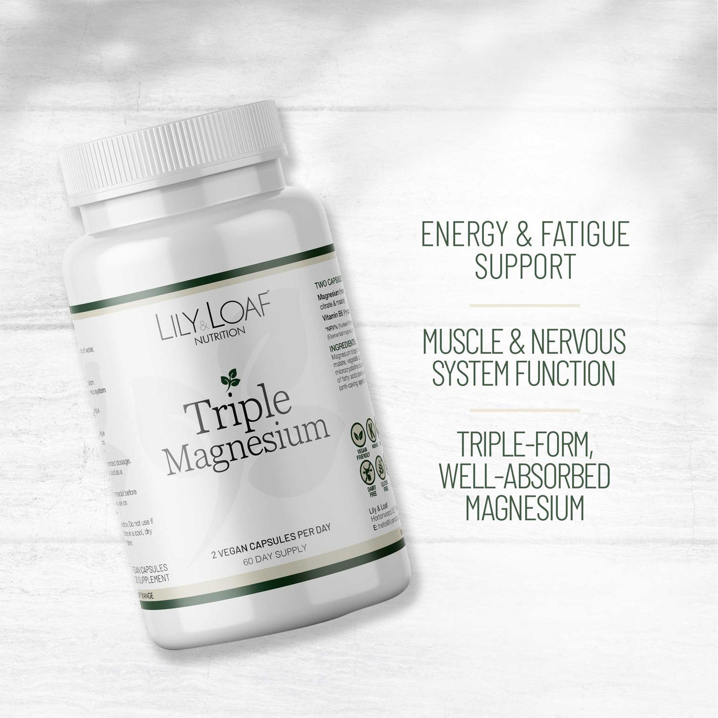 Bottle of Lily&  Loaf Nutrition Triple Magnesium supplement with text highlighting the benefits.