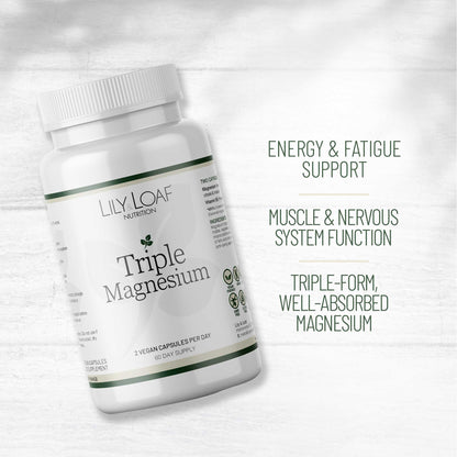 Bottle of Lily&  Loaf Nutrition Triple Magnesium supplement with text highlighting the benefits.