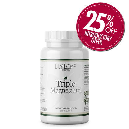 Bottle of Lily Loaf Nutrition Triple Magnesium supplement with a 25% off offer badge on a white background