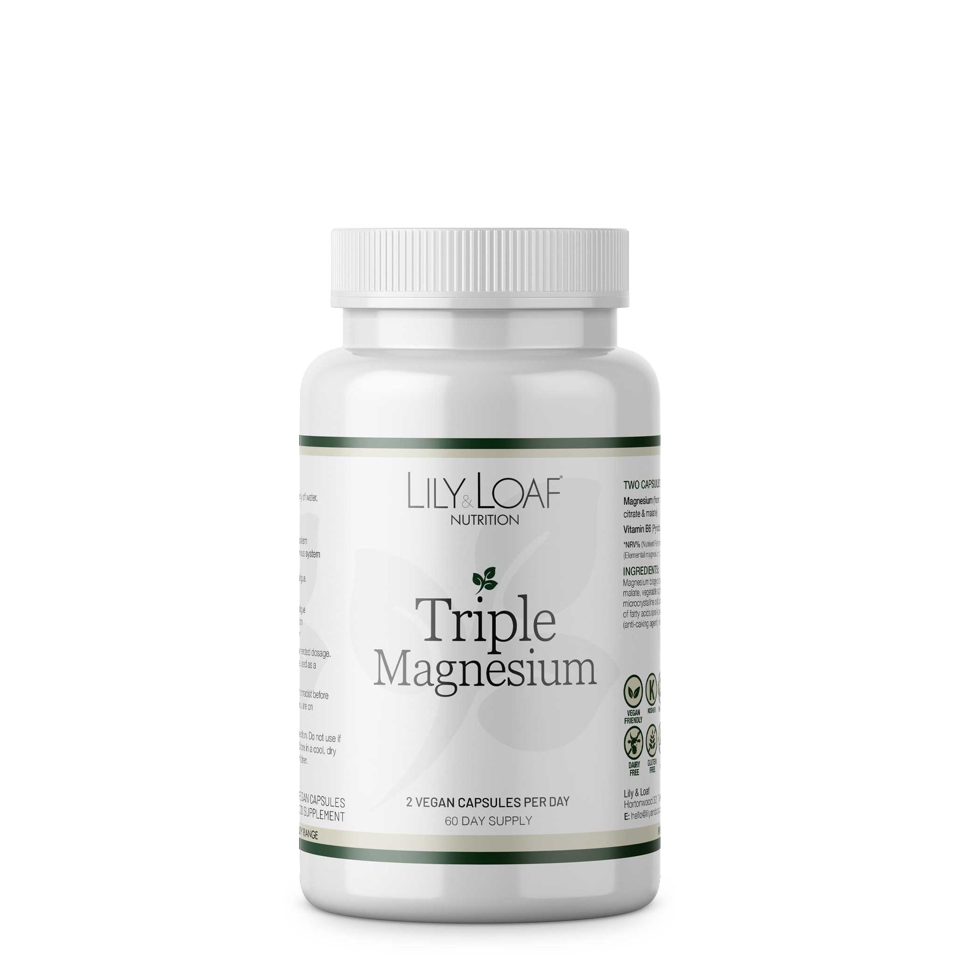 Bottle of Lily & Loaf Nutrition Triple Magnesium supplement on a white background