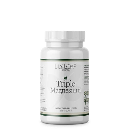 Bottle of Lily & Loaf Nutrition Triple Magnesium supplement on a white background