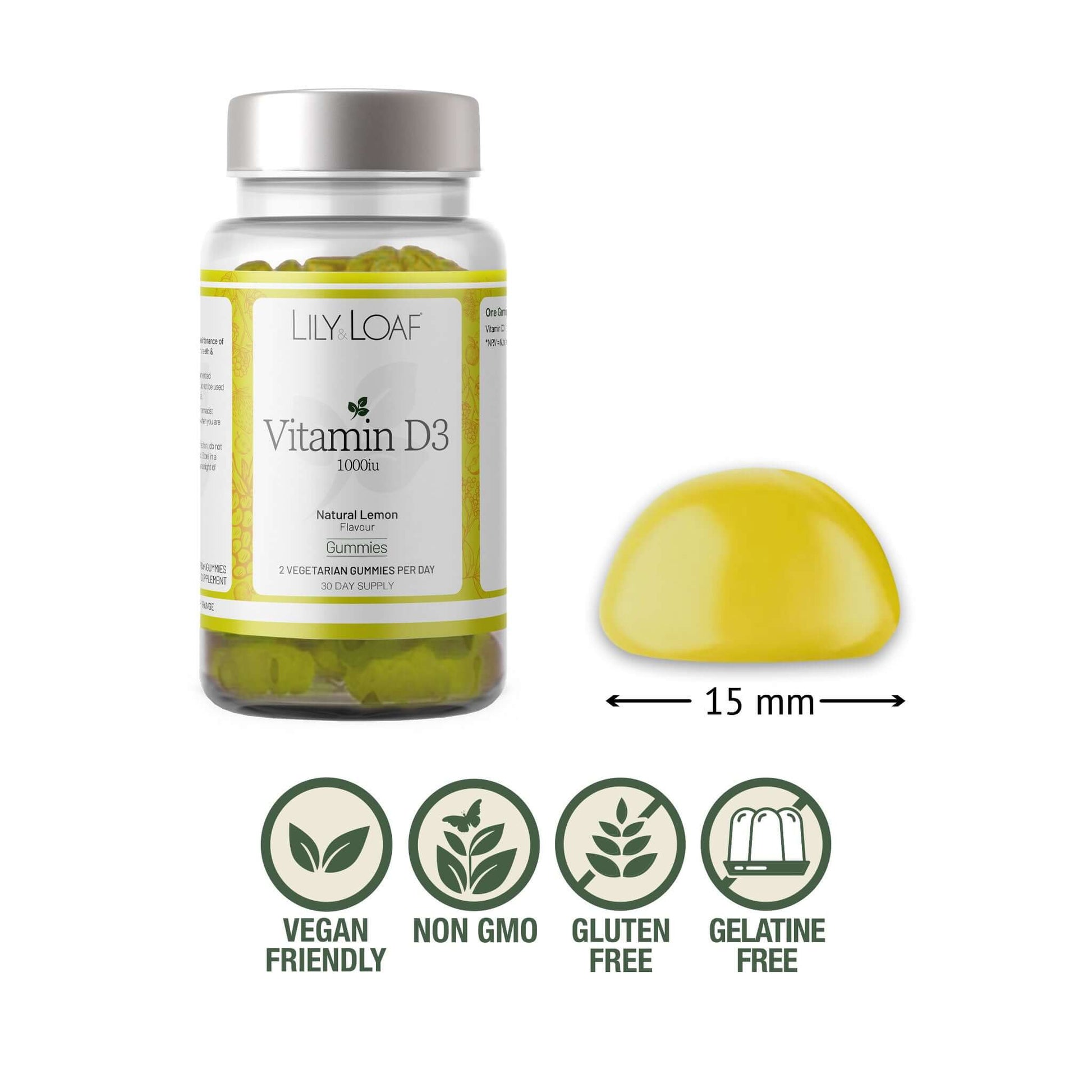 Lily & Loaf Vitamin D3 lemon gummies bottle with single 15mm gummy, showing vegan, non-GMO, gluten-free, and gelatine-free icons