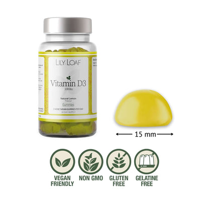 Lily & Loaf Vitamin D3 lemon gummies bottle with single 15mm gummy, showing vegan, non-GMO, gluten-free, and gelatine-free icons