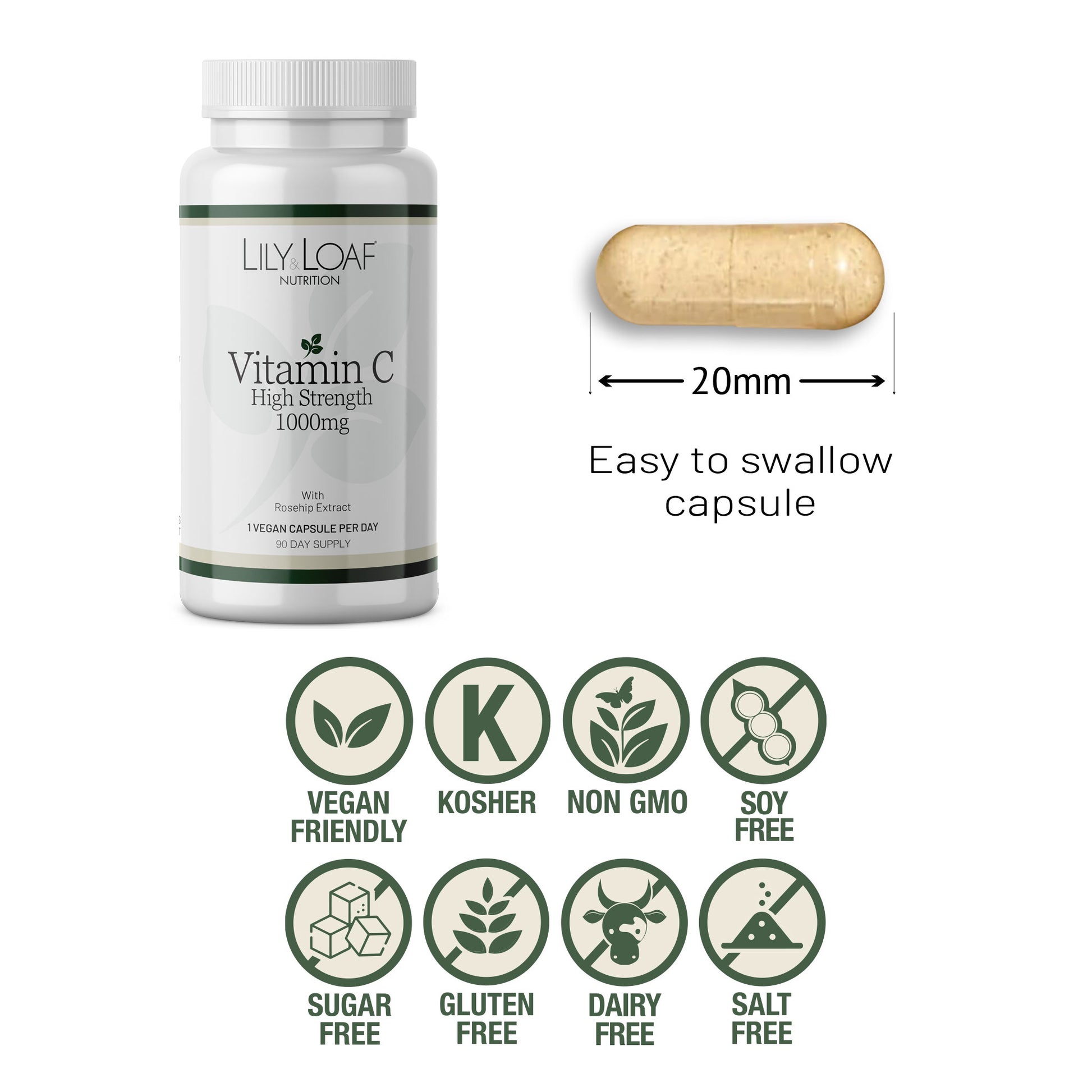 Lily & Loaf Nutrition Vitamin C 1000mg capsules shown in a white bottle alongside a single beige capsule with a 20mm length marker and allergy free icons.