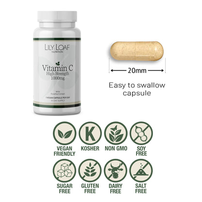 Lily & Loaf Nutrition Vitamin C 1000mg capsules shown in a white bottle alongside a single beige capsule with a 20mm length marker and allergy free icons.