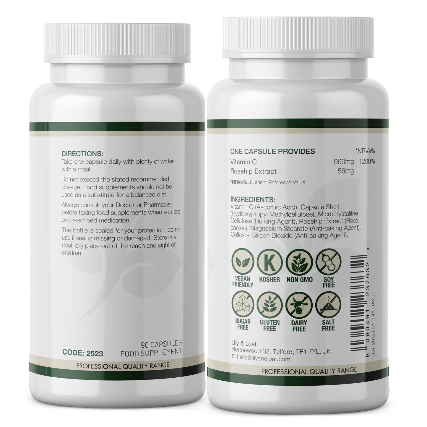 Back label of Lily & Loaf High Strength Vitamin C 1000mg displaying the ingredients, directions for use and allergy symbols.