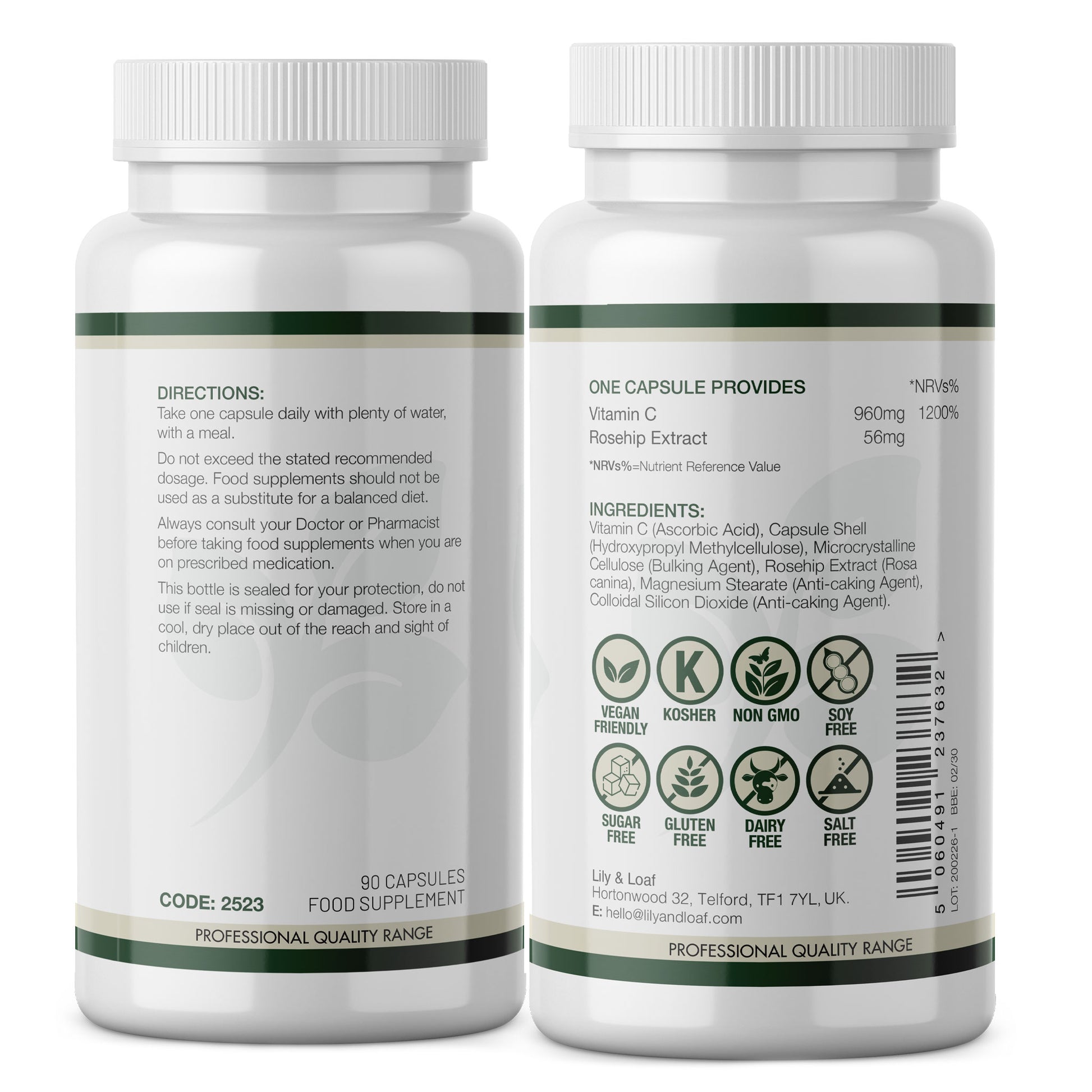 Back label of Lily & Loaf High Strength Vitamin C 1000mg displaying the ingredients, directions for use and allergy symbols.