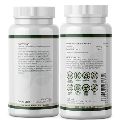 Back label of Lily & Loaf High Strength Vitamin C 1000mg displaying the ingredients, directions for use and allergy symbols.