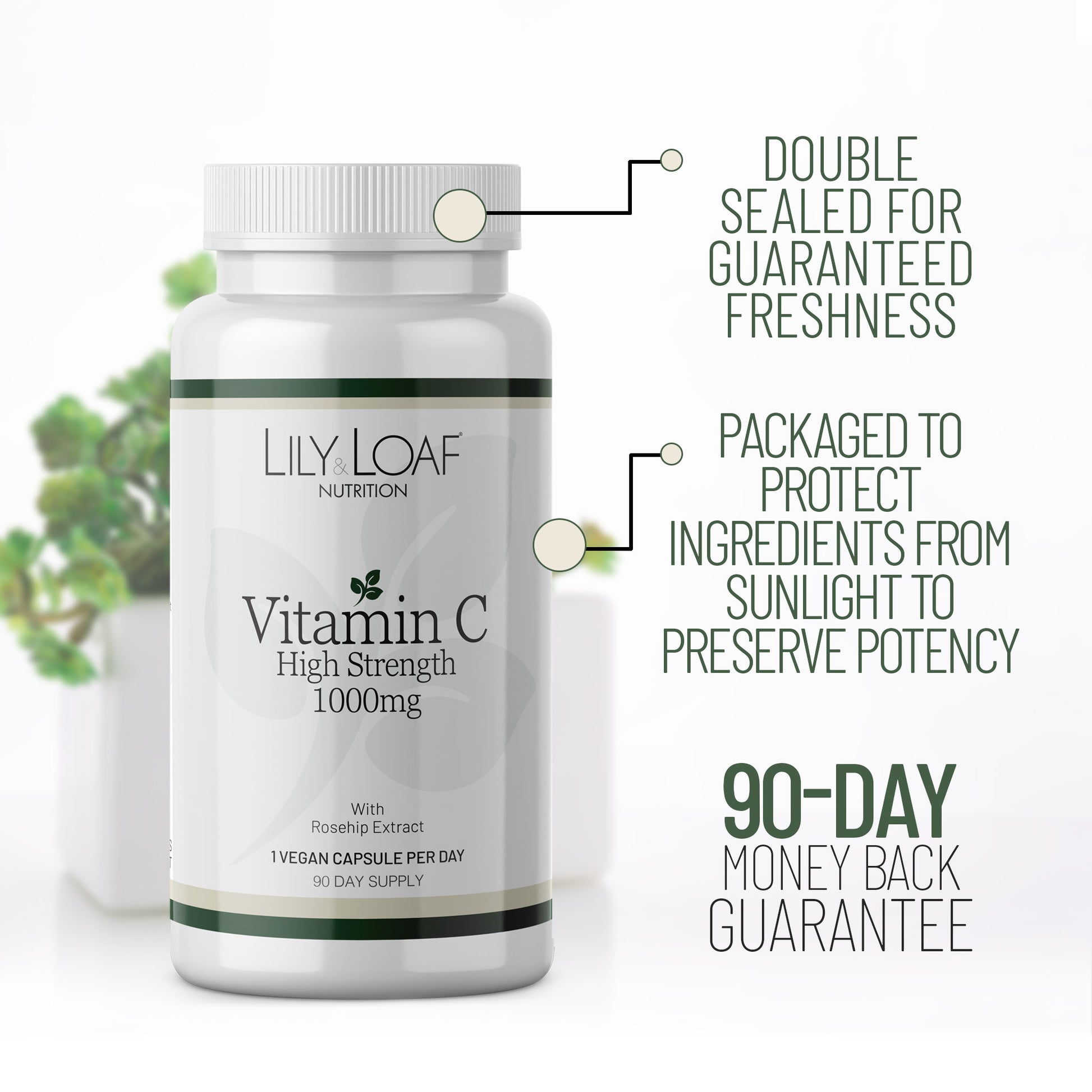 A white bottle of Lily & Loaf Nutrition Vitamin C High Strength 1000mg capsules with text highlighting double-sealing for freshness, protection from sunlight, and a 90-day money back guarantee.