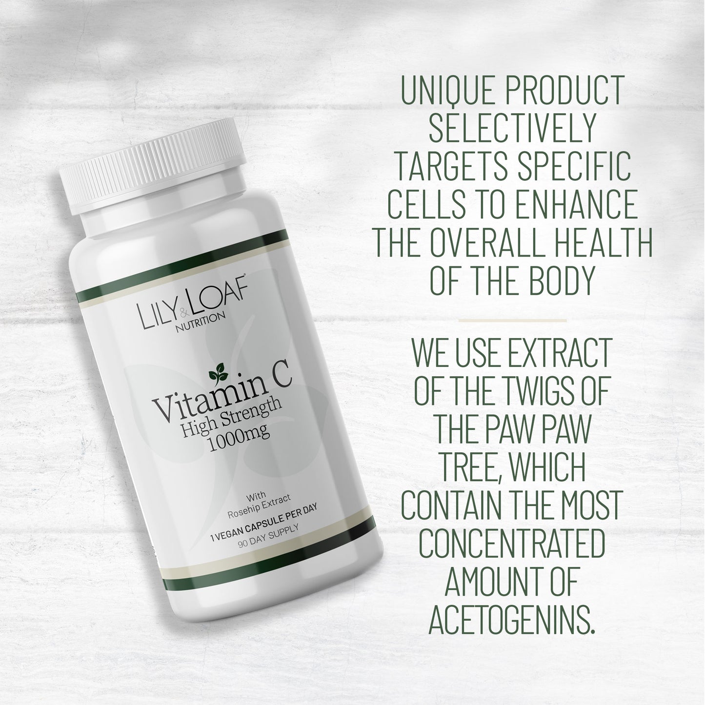 A white bottle of Lily & Loaf Nutrition Vitamin C High Strength 1000mg capsules with green text describing product benefits.