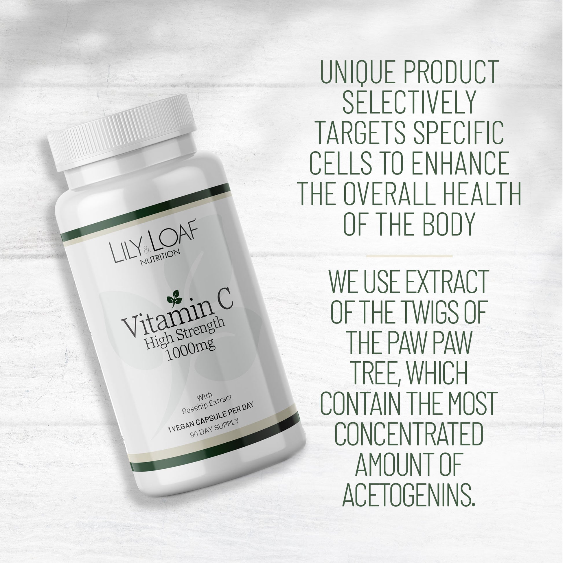 A white bottle of Lily & Loaf Nutrition Vitamin C High Strength 1000mg capsules with green text describing product benefits.
