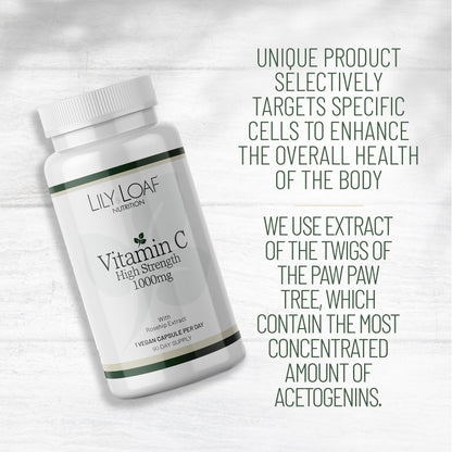 A white bottle of Lily & Loaf Nutrition Vitamin C High Strength 1000mg capsules with green text describing product benefits.