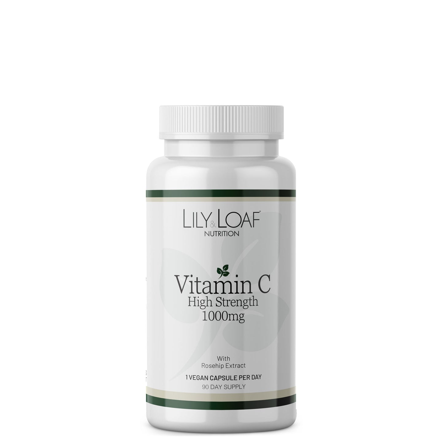A white bottle of Lily & Loaf Nutrition Vitamin C High Strength 1000mg capsules, shown on a clean white background.