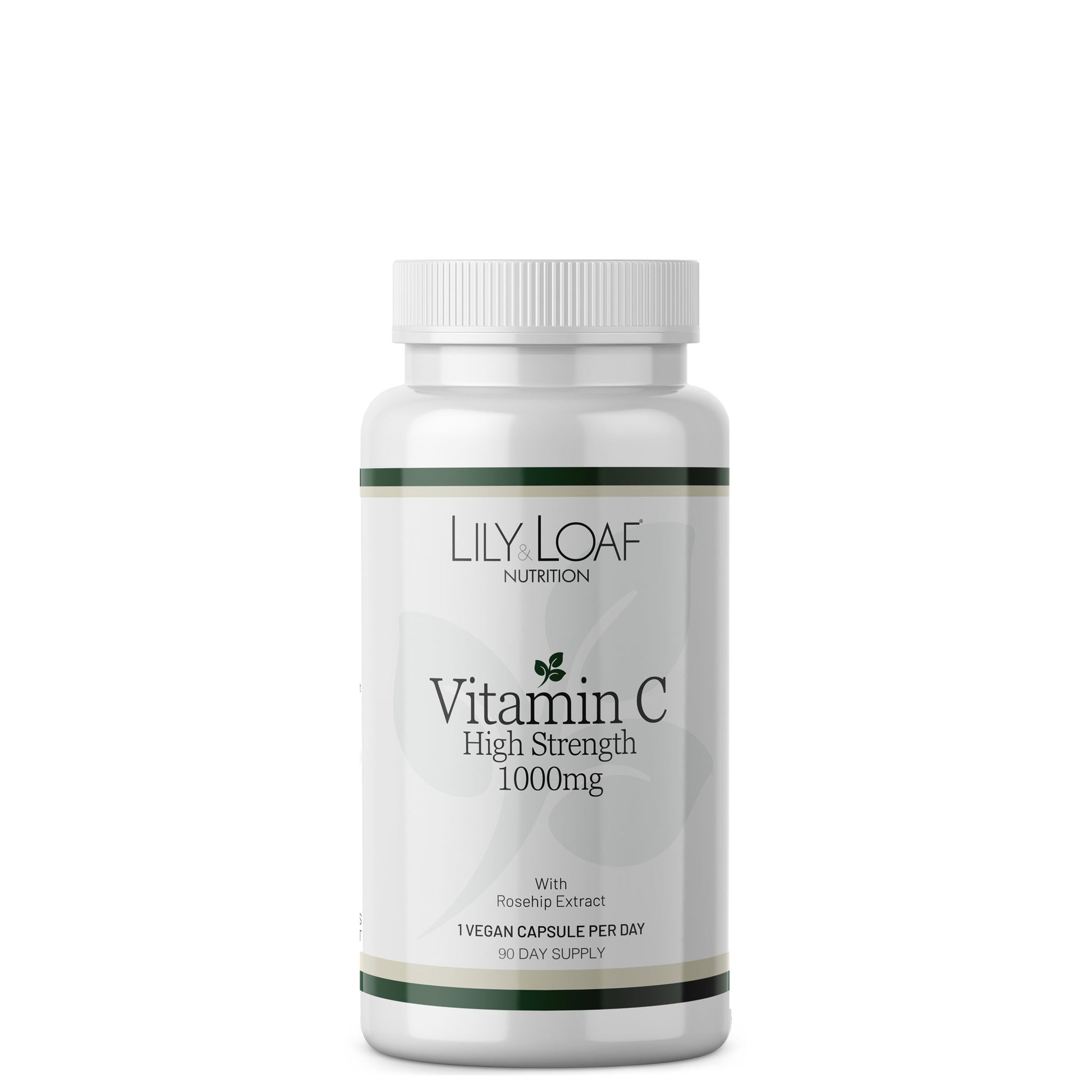 A white bottle of Lily & Loaf Nutrition Vitamin C High Strength 1000mg capsules, shown on a clean white background.