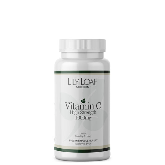 A white bottle of Lily & Loaf Nutrition Vitamin C High Strength 1000mg capsules, shown on a clean white background.