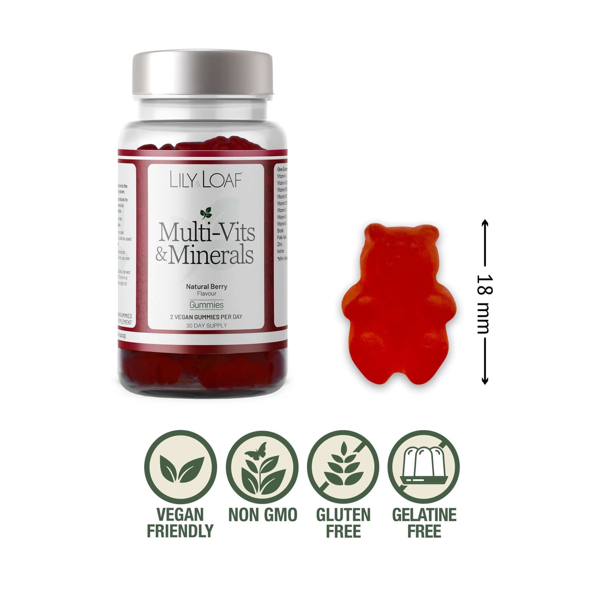 Lily & Loaf Multi-Vits & Minerals gummies bottle with one 18mm bear-shaped gummy shown beside it, labelled vegan, non-GMO, gluten and gelatine free