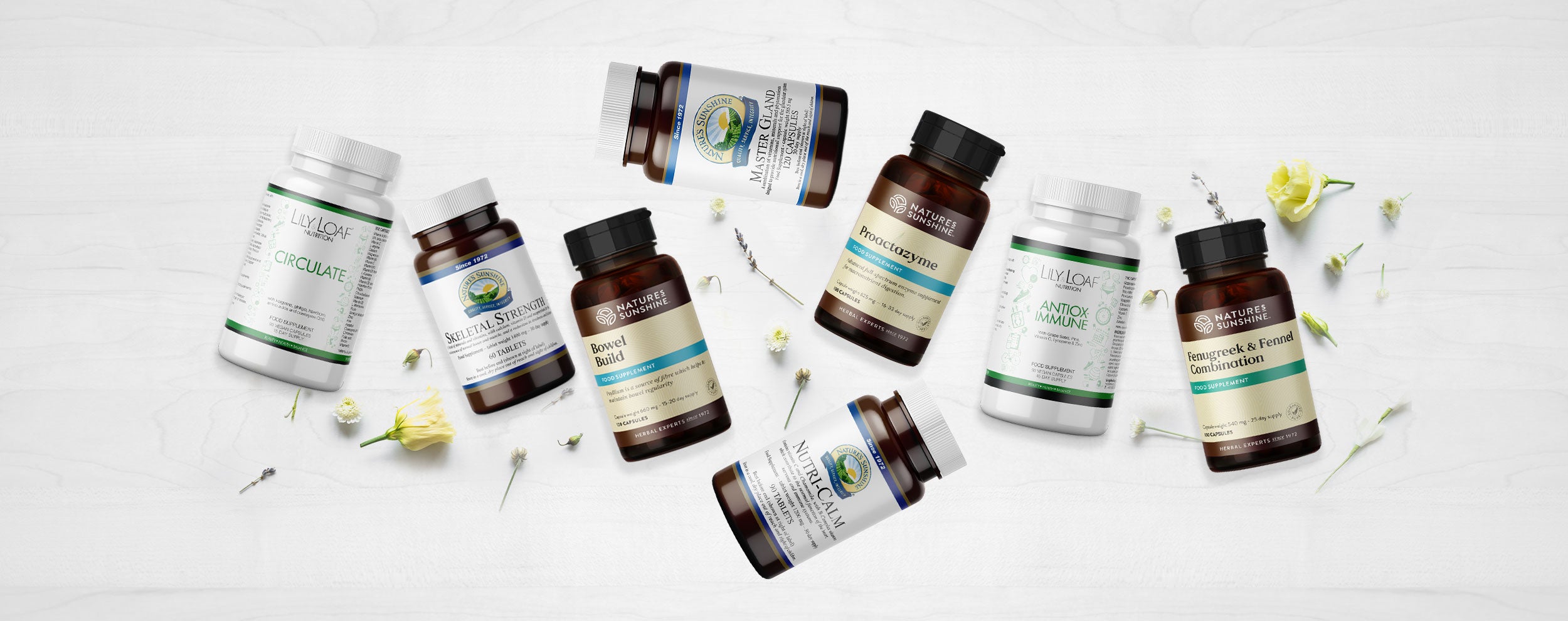Array of Lily & Loaf's nutritional supplements, enhancing health with nature's finest ingredients.