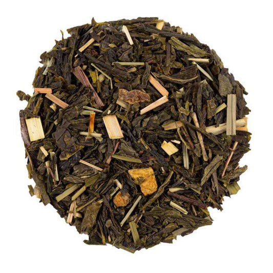Close-up of loose-leaf Lemon Fresh Flavoured Green Tea, displaying the dried ingredients and natural texture of the blend.