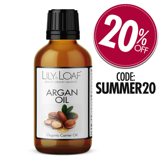 Lily & Loaf Argan Organic Carrier Oil with 20% Off Icon and Code SUMMER20 to use at checkout