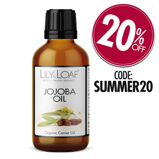 Lily & Loaf Organic Jojoba Carrier Oil with 20% Off Icon and Code SUMMER20 to use at checkout