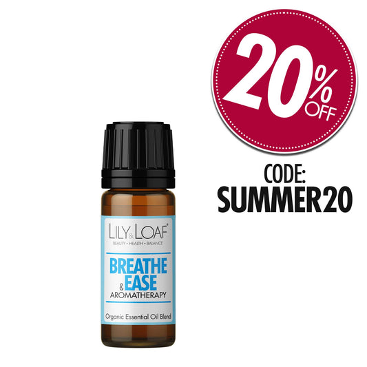 Lily & Loaf Breathe & Ease Organic Essential Oil Blend with 20% Off Icon and Code SUMMER20 to use at checkout