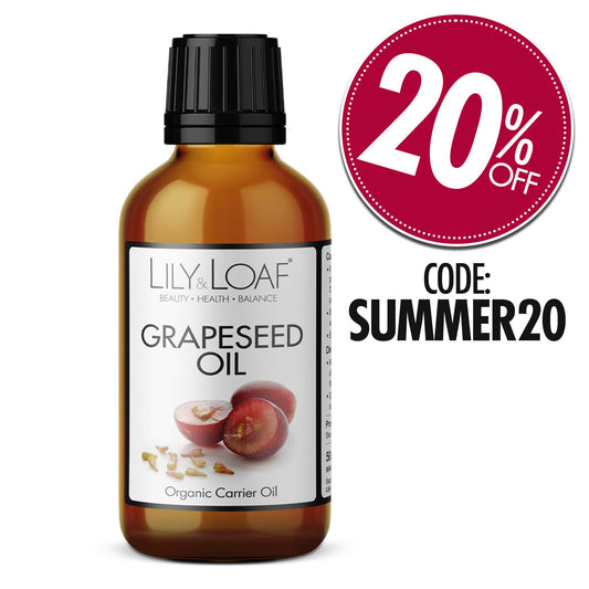Lily & Loaf Organic Grapeseed Carrier Oil with 20% Off Icon and Code SUMMER20 to use at checkout