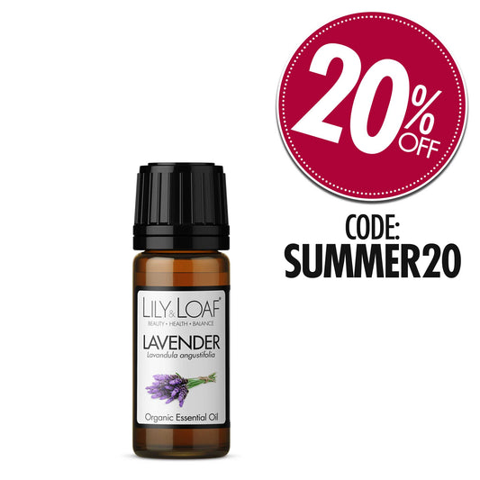 Lily & Loaf Lavender Organic Essential Oil with 20% Off Icon and Code SUMMER20 to use at checkout