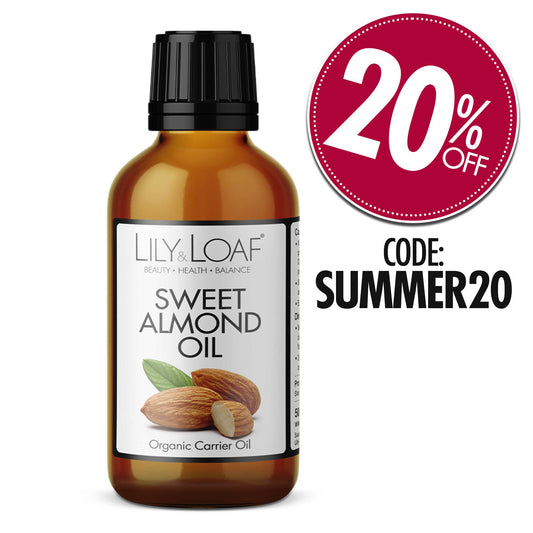 Lily & Loaf Organic Sweet Almond Carrier Oil with 20% Off Icon and Code SUMMER20 to use at checkout