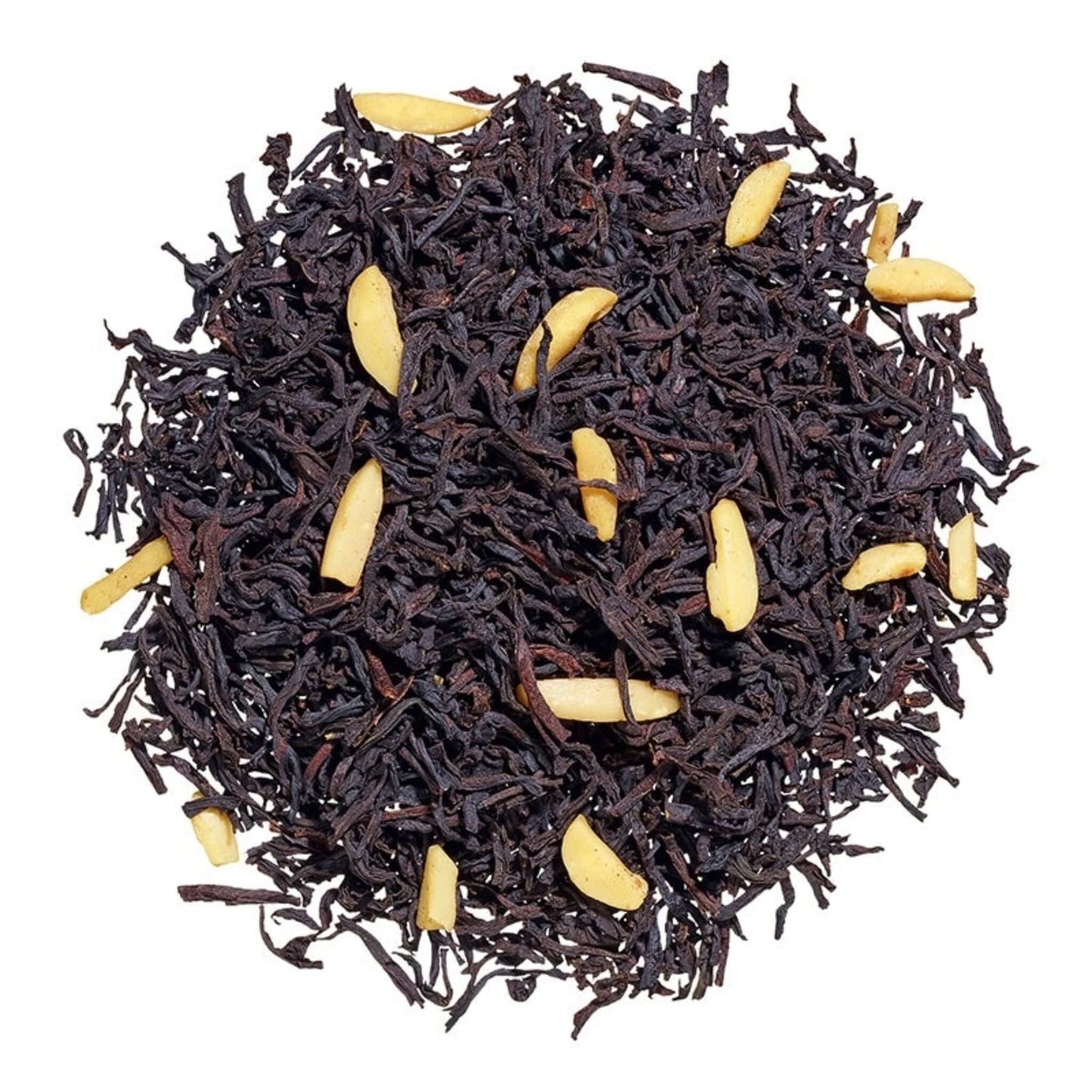 Close-up of loose-leaf Marzipan Flavoured Black Tea, displaying the dried ingredients and natural texture of the blend.