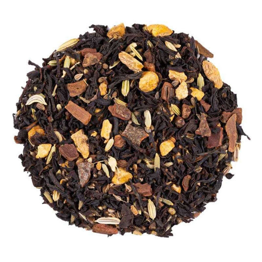 Close-up of loose-leaf Masala Chai Flavoured Black Tea, displaying the dried ingredients and natural texture of the blend.