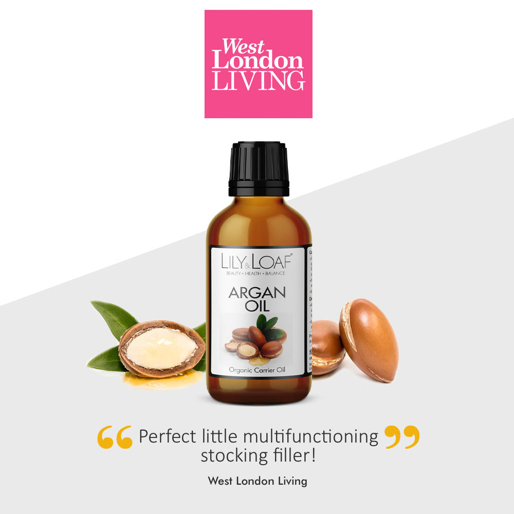 Lily & Loaf's organic Argan Oil bottle, a versatile beauty essential, recommended by West London Living.