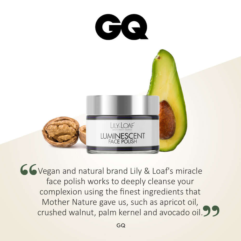 Luminescent Face Polish Cleanser with GQ magazine logo and extract of text from article