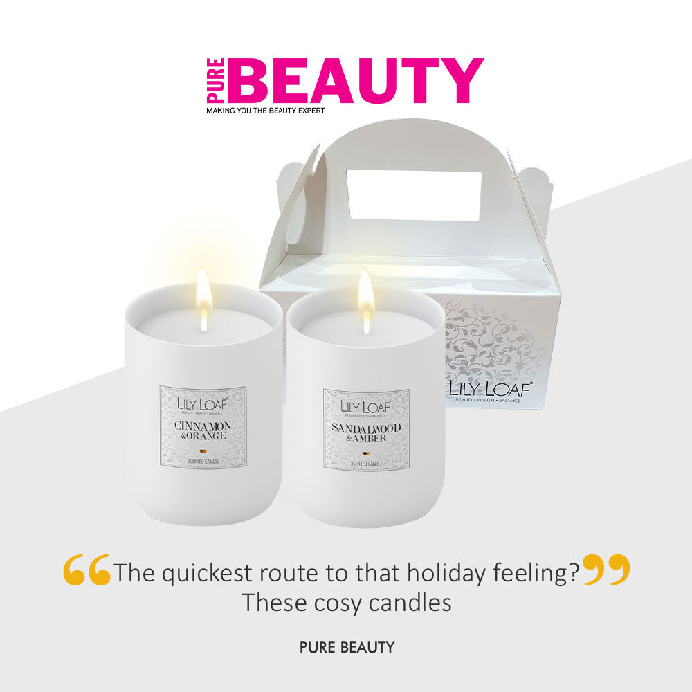Cozy candle duo by Lily & Loaf in gift packaging, perfect for the holidays, featured in Pure Beauty.