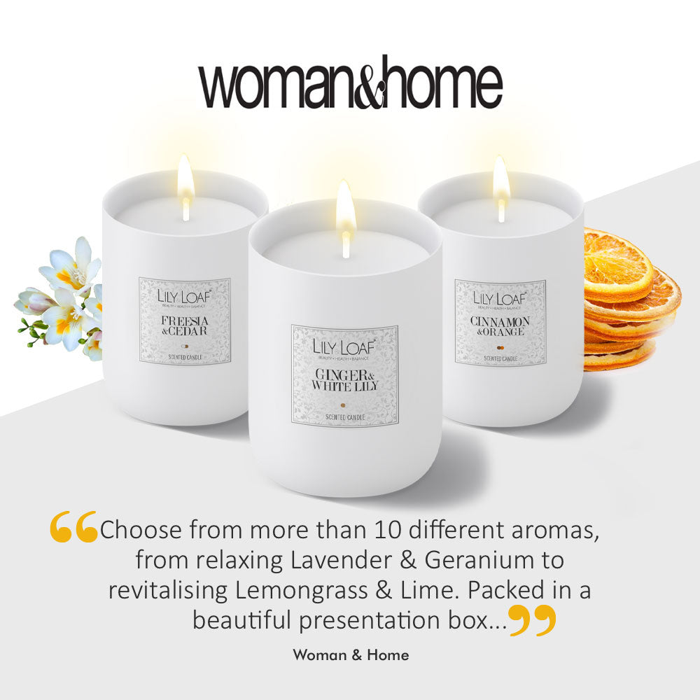Lily & Loaf's scented candle trio including Peppermint, Cinnamon Orange, and Winter Spice, as featured in Woman & Home.