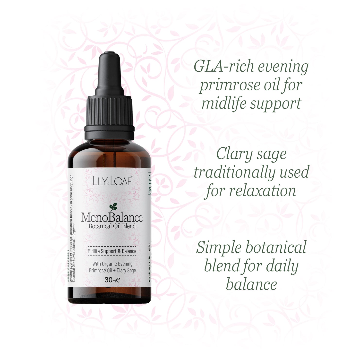 Lily & Loaf MenoBalance botanical oil blend highlighting evening primrose oil, clary sage and daily midlife support benefits