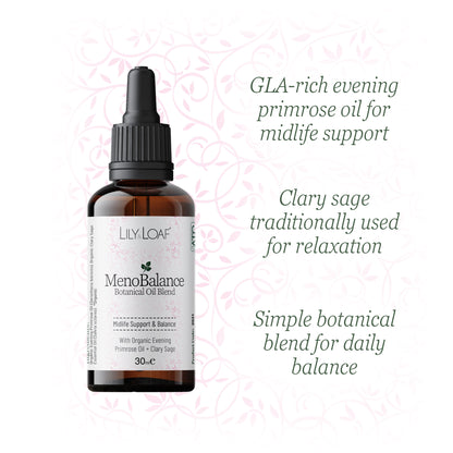 Lily & Loaf MenoBalance botanical oil blend highlighting evening primrose oil, clary sage and daily midlife support benefits