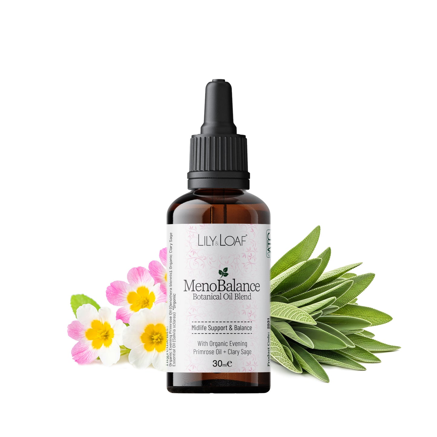 Lily & Loaf MenoBalance botanical oil blend with evening primrose flowers and clary sage leaves on light background
