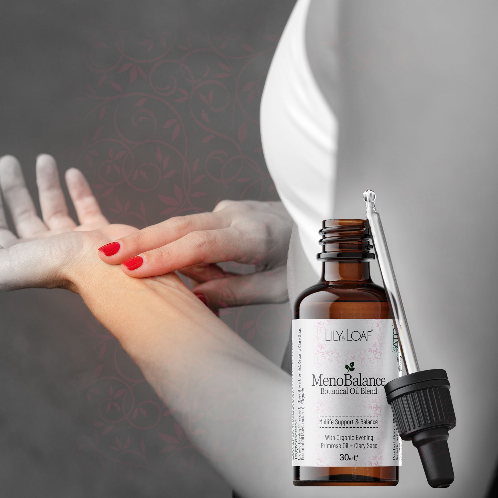 Lily & Loaf MenoBalance botanical oil blend with dropper beside woman applying oil to wrist during self-care routine