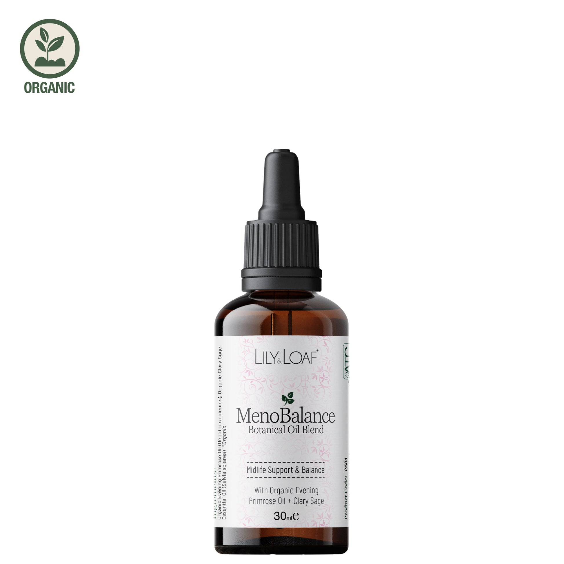 Organic Lily & Loaf MenoBalance botanical oil blend with evening primrose oil and clary sage in glass dropper bottle