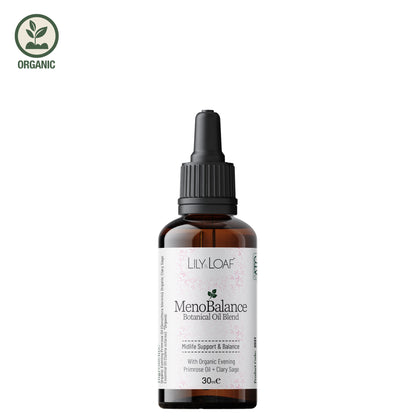 Organic Lily & Loaf MenoBalance botanical oil blend with evening primrose oil and clary sage in glass dropper bottle