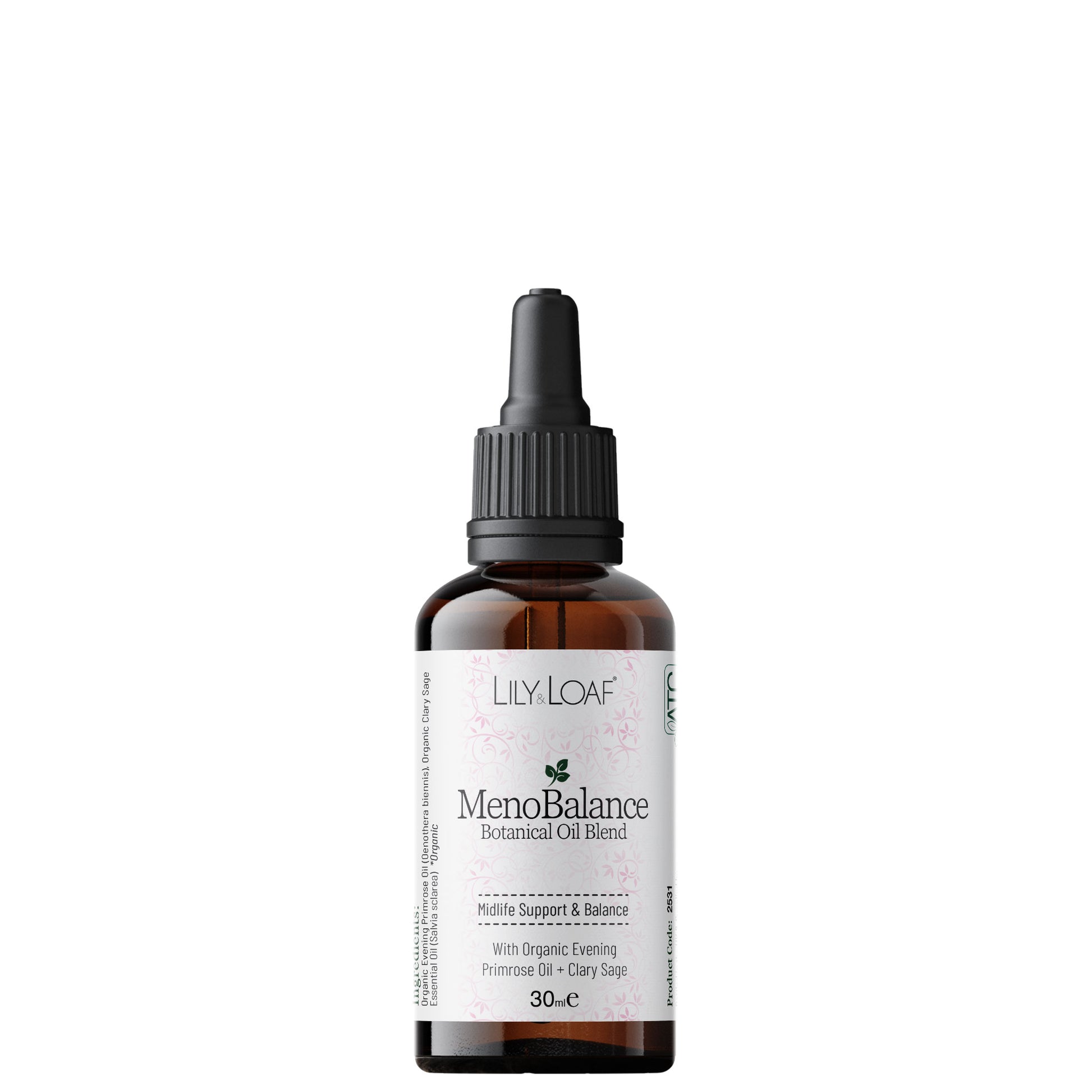 Lily & Loaf MenoBalance botanical oil blend with evening primrose oil and clary sage in 30ml dropper bottle