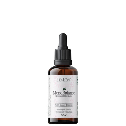 Lily & Loaf MenoBalance botanical oil blend with evening primrose oil and clary sage in 30ml dropper bottle
