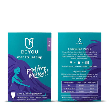 BeYou Menstrual Cup box with instructions of how to use