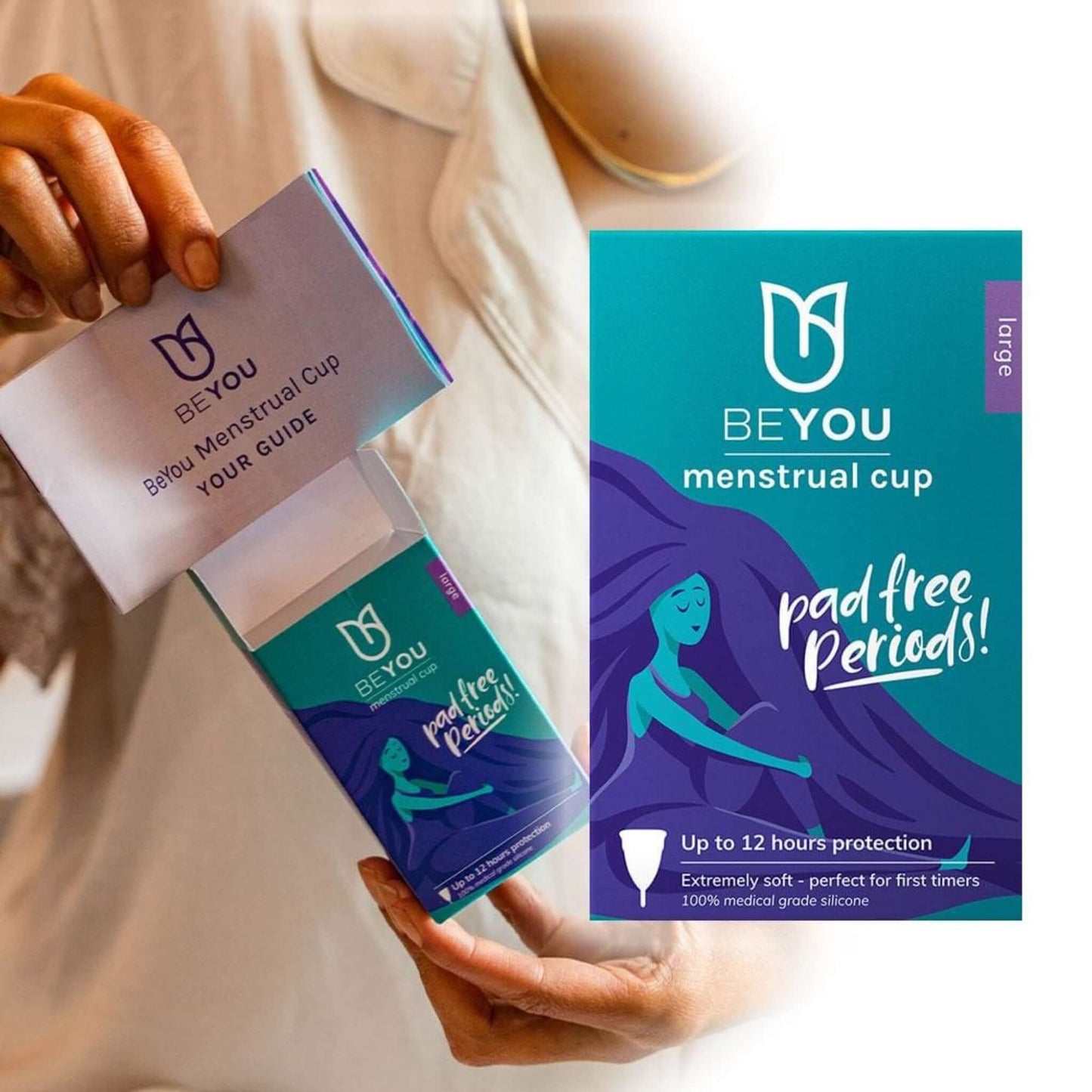 BeYou Menstrual Cup lifestyle image depicting the in box instructions for use