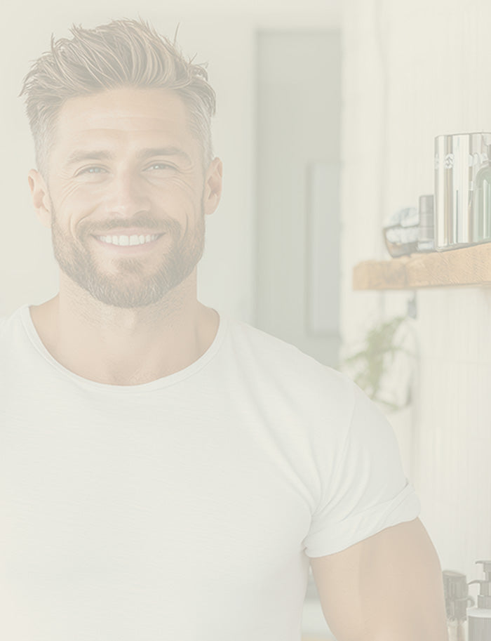 Man with a beard wearing a white t-shirt in a kitchen setting