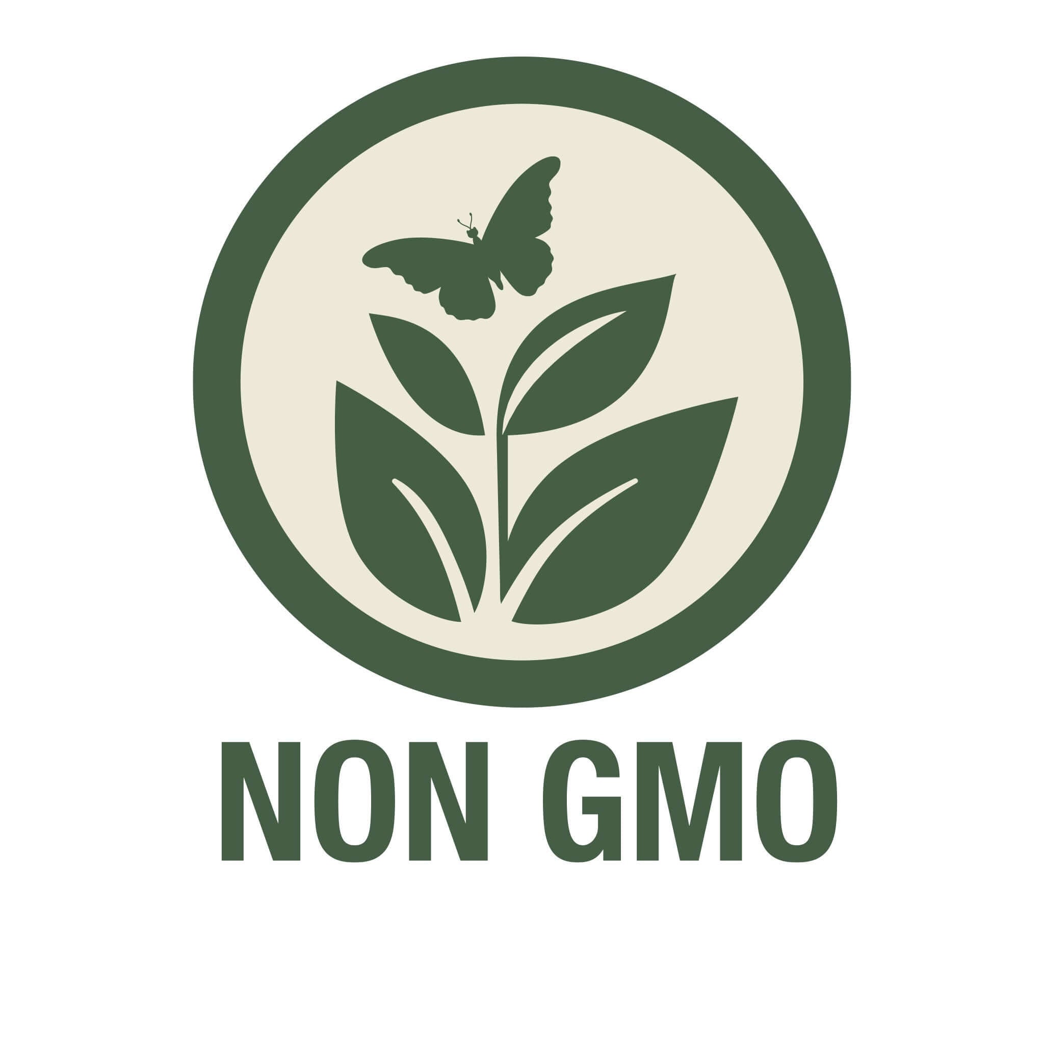 Non-GMO logo with leaves and a butterfly on a white background