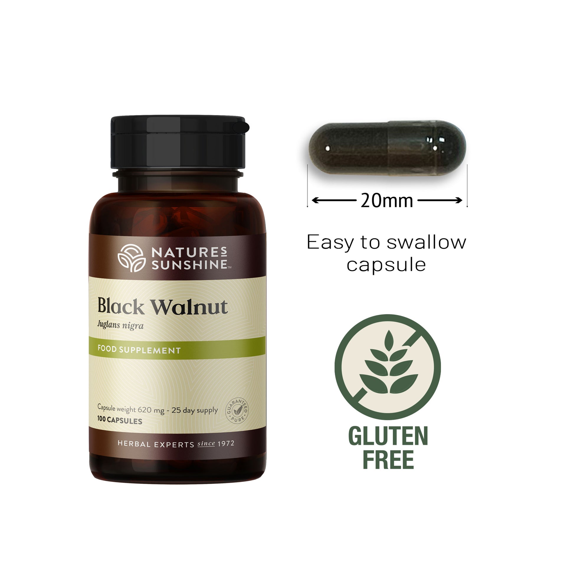 Nature's Sunshine Black Walnut capsule size and allergens