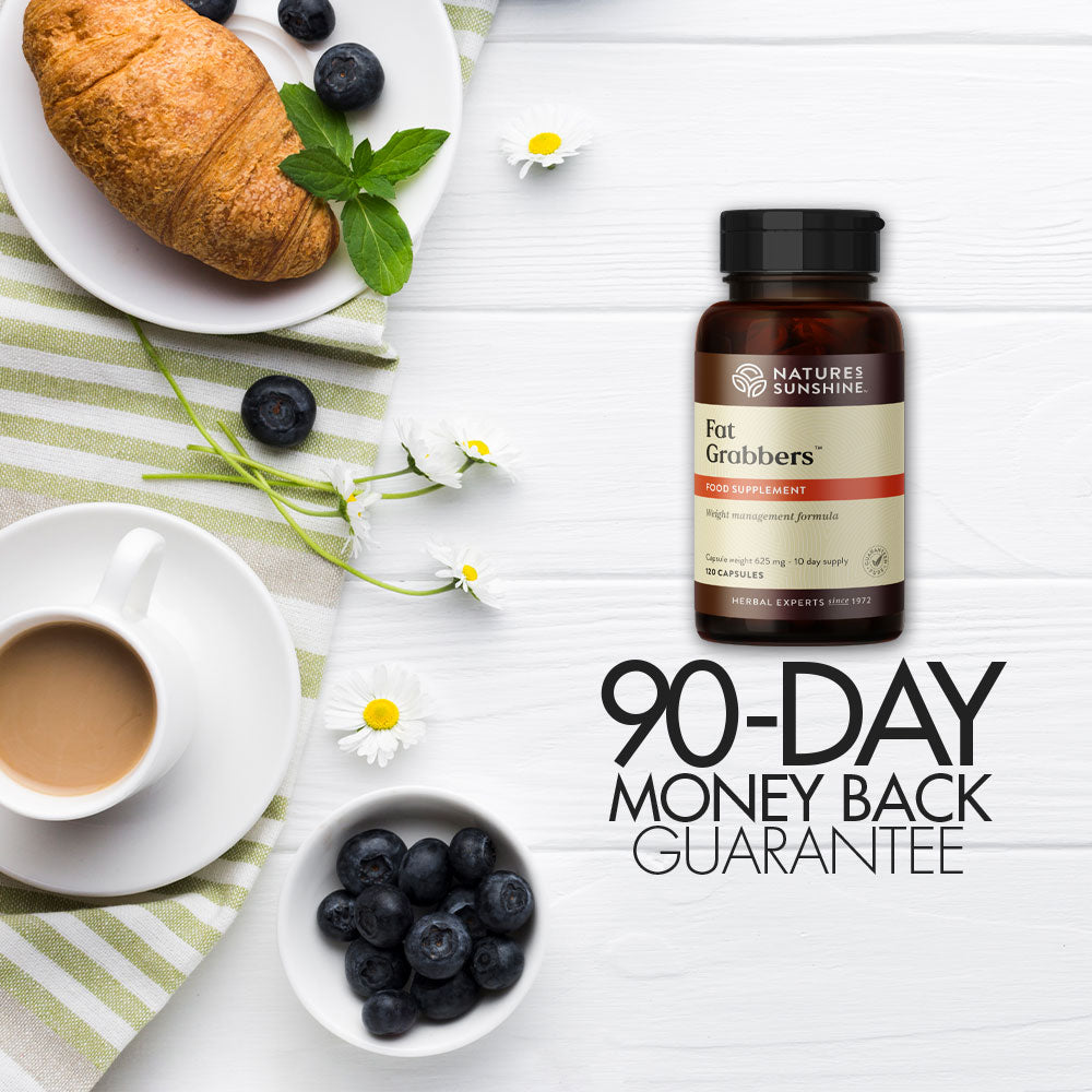 Bottle of Nature's Sunshine Fat Grabbers - highlighting the 90-day money-back guarantee